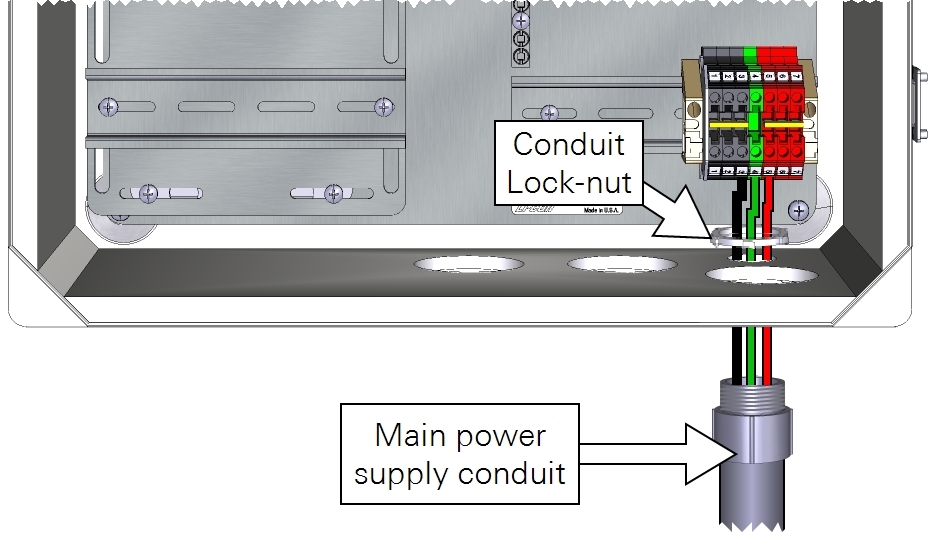 Connect the main power supply conduit to the enclosure and attach each wire to the proper terminal - red to red, green to green, and black to black..