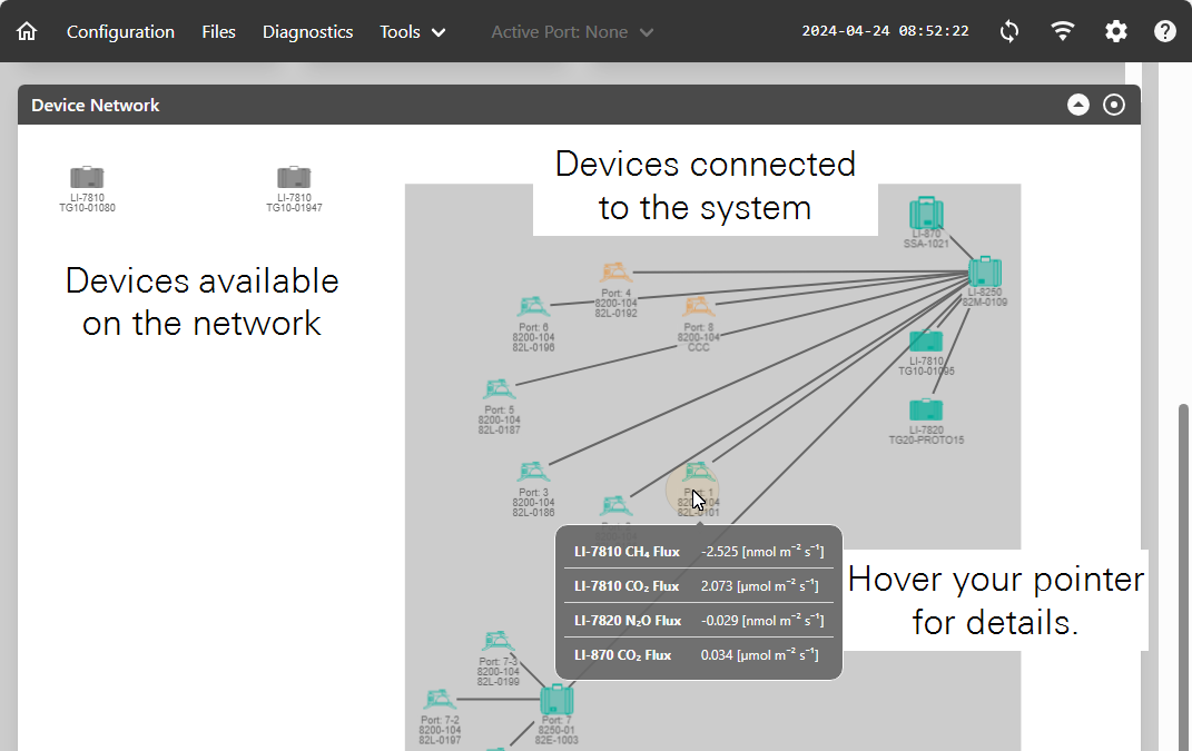 The device network shows available and connected devices, as well as status information.